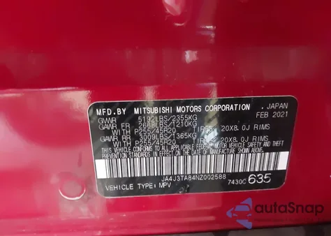 2022 Mitsubishi Outlander Es 2.5 2Wd z USA, uszkodzony, nr VIN JA4J3TA84NZ002588